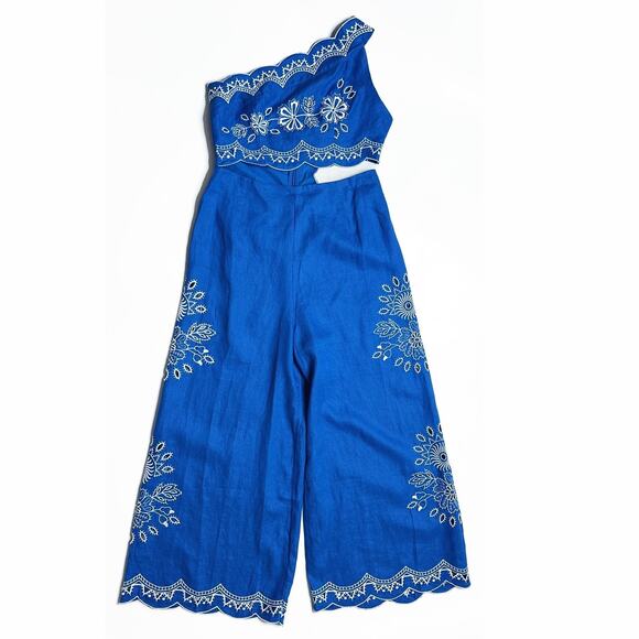 NWT Anthropologie Farm Rio One Shoulder Embroidered Cut Out Linen Jumpsuit Large - Picture 4 of 16